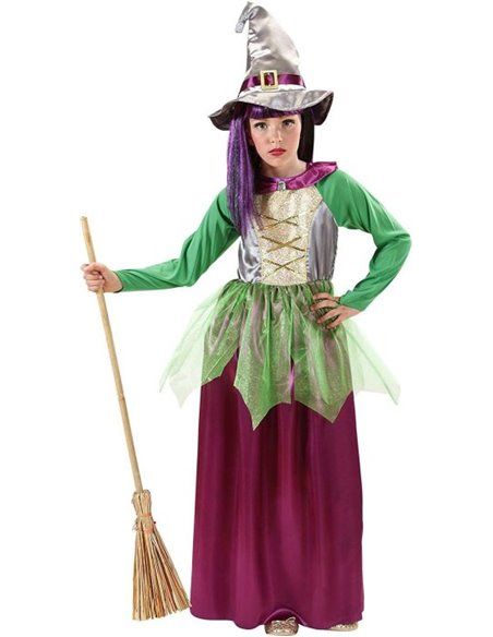 Disfraz brujita verde-violeta talla 3-4 años